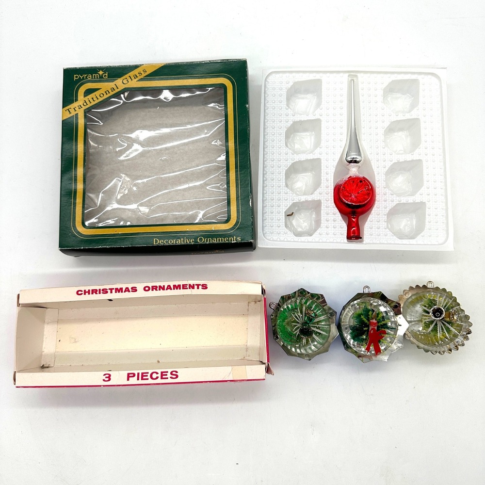 Vintage Pyramid Glass Christmas Tree Topper Red Silver & Jewelbrite Dioramas